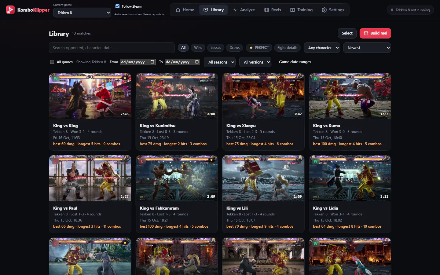 The KomboKlipper library: a grid of saved TEKKEN 8 matches, each with its score, round count and best combo.